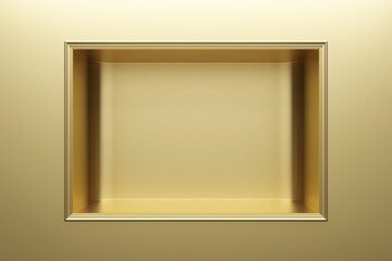 Classic frame golden on gold wall luxury elegant stand display platform in wall. Place product cosmetic beauty product or skincare advertisement premium hi-end perfume scent, fashion. 3D Illustration.