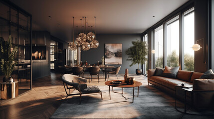 Interior of modern dining room with panoramic window view. 3D rendering generative ai