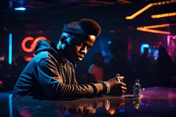 a handsome young black man with a serious expression on his face in a dark nightclub