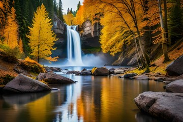 A Breathtaking Landscape Painting Featuring Golden-Hued Trees Adorning the Tranquil Banks of a Cascading Waterfall, a Perfect Fusion of Nature's Beauty and Seasonal Magic"