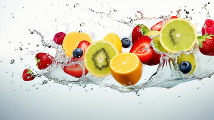 Fresh fruit slices splash in water white background
