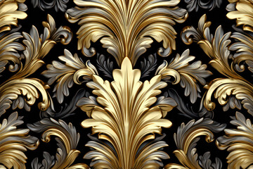 Opulent Baroque Seamless Pattern in Luxurious Gold: Exquisite 3D Rendering of Ornate Elegance and Timeless Glamour - obrazy, fototapety, plakaty