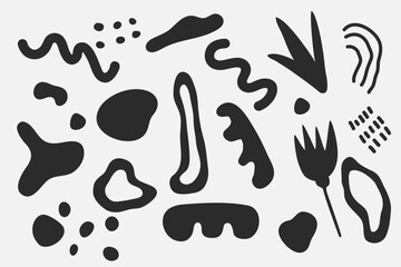Set of abstract black shapes of different sizes and shapes. The background is modern trendy. Vector stock illustration. Scribble. Isolated. Curvature and angularity.