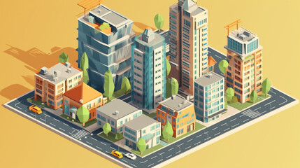 Isometric city concept with buildings and roads. 3d vector type illustration generative ai