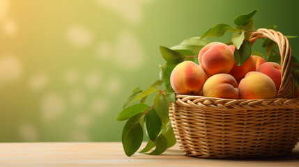 Freshly harvested Peach basket on wooden table top with blur background