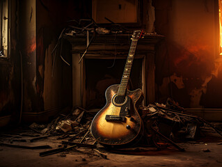 Fototapeta na wymiar The burning guitar in the old room