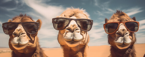 funny studio portrait of 3 camels wearing sunglasses