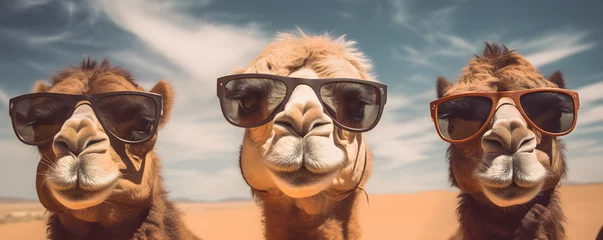 Foto op Canvas funny studio portrait of 3 camels wearing sunglasses © sam
