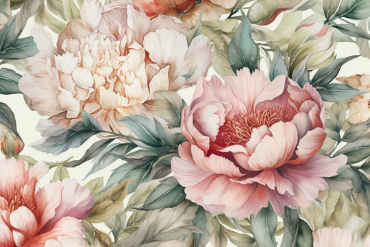 Seamless pattern with peony flowers. Pastel colors. generative ai