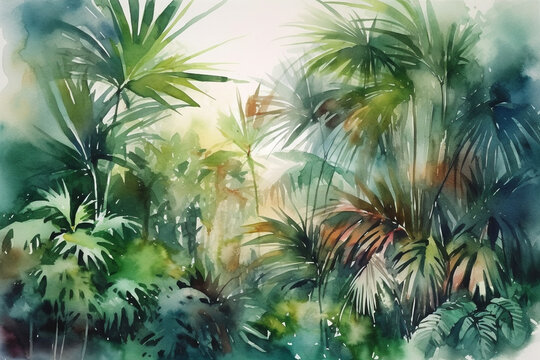Watercolor painting of palm trees in tropical forest. Nature background. generative ai