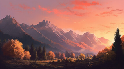 Fantastic sunrise over the mountain range. 3d render illustration generative ai