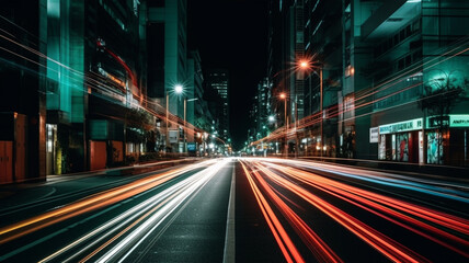 light trails on the street at night in shanghai china. generative ai