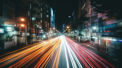 Fototapeta na wymiar light trails on the street at night in shanghai china. generative ai