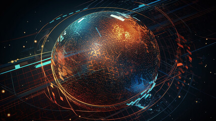 Digital illustration of globe in abstract technology concept. 3D Rendering generative ai