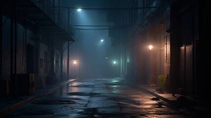 Street with fog in the city at night. 3D rendering. generative ai