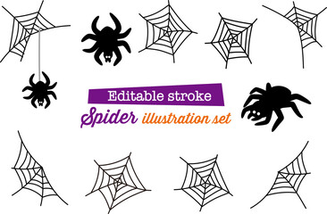 Spooky cute and fun halloween black spider and web vector illustration cartoon icon set for background