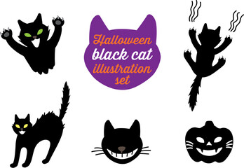 Editable spooky cute and fun halloween black cat hissing, intimidating, pumpkin, jack o'lantern and head vector illustration cartoon icon set for background