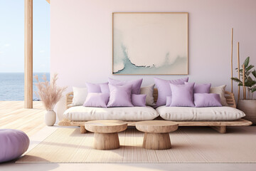 A vibrant pastel purple couch surrounded by an artfully minimalistic wall of plants, pillows, and furniture brings a touch of comfort and joy to any indoor space