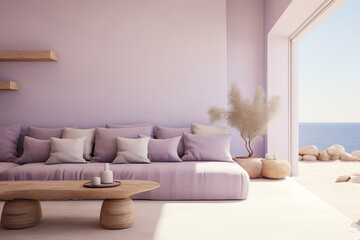 This cozy, pastel-hued living room with its minimalistic furniture design, featuring a comfy sofa, loveseat, armrests, and cushions, as well as a coffee table and vase, creates a peaceful
