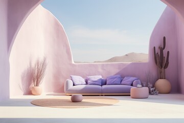 This minimalistic outdoor patio design features a vibrant purple couch and round rug, adorned with soft pastel pillows and a vase against a cloud-filled sky, creating a tranquil yet vibrant atmospher