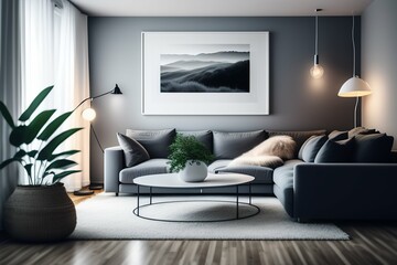 modern living room interior design with elegant gray sofa, pillows, floor, plants, wooden table, lamp, and great design 