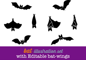 Spooky cute and fun halloween black bat with eyes, flying ,hanging upside down, spreading and folding wings illustration cartoon icon set for background.
