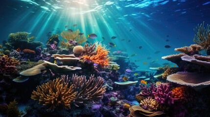Fototapeta na wymiar Vibrant underwater scene in the Red Sea with colorful coral reefs, marine life, and dappled sunlight creating a magical atmosphere.