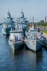 Naklejka premium German navy warship fleet parked in Riga, Latvia marine for NATO alliance military exercises