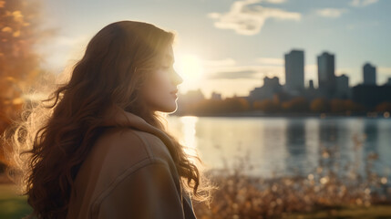 Young beautiful woman with long hair looking at peaceful sunset over river, city in distance