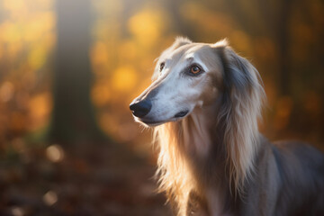 Long haired Saluki dog in forest with copy space