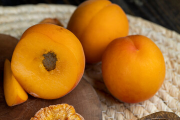 fresh juicy peach on the table, close up