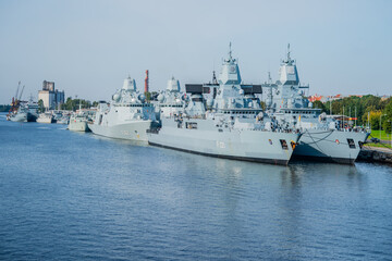 German navy warship fleet parked at NATO port in Riga, Latvia