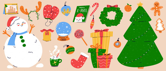 Set of vector Christmas elements with snowman and a bunch of presents, family photo frame, tangerine and glass ball with snow. Trendy illustration with retro dust texture.