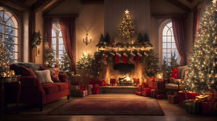Fototapeta na wymiar Christmas celebration in room with firewood, cozy environment AI generated