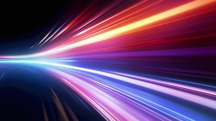 Deurstickers Motion light trail. Colorful tail of speed lights background. Fast internet optic fiber light line effect © Avector