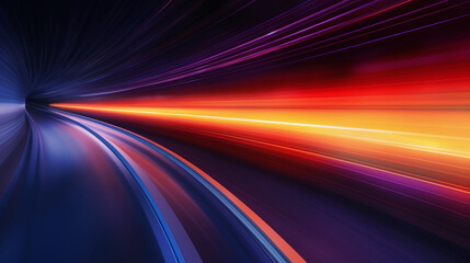 Fototapeta na wymiar Speed car lights in motion blur. Night city tunnel road lights. Luminous car trails in dynamic long exposure.