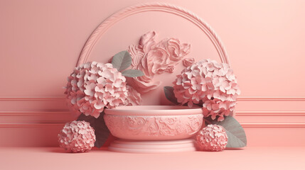3d render Pink of minimal display podium with pastel color background. generative ai