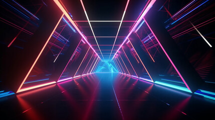 3D abstract background with neon lights. neon tunnel. 3d illustration generative ai