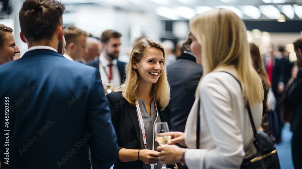Wall mural delegates networking at conference drinks reception, group of business people talking at networking 