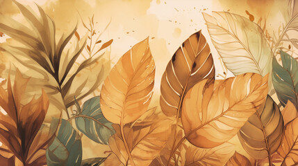 Watercolor background with tropical leaves. Hand drawn illustration generative ai