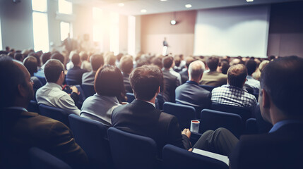 Back view of business people in audience attending a seminar in board room, speaker giving a talk in coference hall