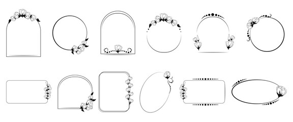 A collection of logo templates. Calligraphic ornaments and floral frames flourish. Vector set of linear floral logos, frames and borders, backgrounds for social networks