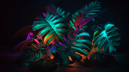 Obraz na płótnie Canvas Tropical background with palm leaves and neon light frame. 3d illustration generative ai