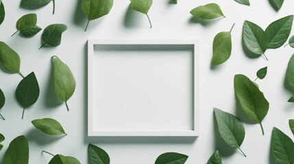 Creative layout made of green leaves with square frame. Minimal nature concept. 3d render.