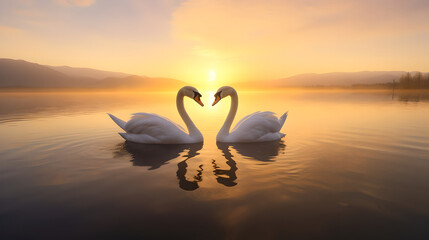 Naklejka premium 2 Majestic white swans facing each other shaping a heart as swimming in the glassy waters at the lake in front of a stunning orange sunset