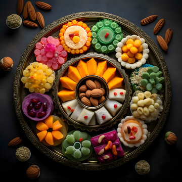 A Plate Of Colorful Indian Sweets(mithai), Arranged In An Artistic Display, Photographed From Above Generative AI