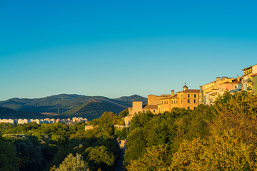 Pamplona cityscape with copy space at sunset, Navarra, Spain