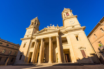 Low Angle view of the Pamplona's Cathedral facade located in the old city district, Navarra, Spain