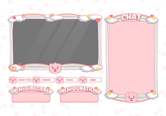 Set of cute design elements for overlay game streaming screen panel. Game frame for streamers and online video. Pig theme