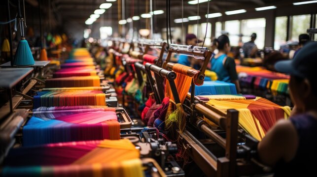 Machines that create bright fabric from multi-colored yarn. Textile production.
